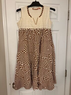 Cream and Brown Geometric Midi Dress with Cute Neckline